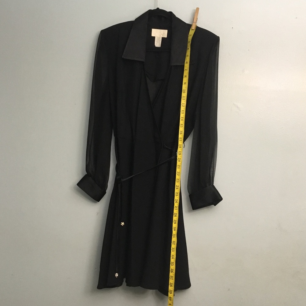 Cache Black Sheath Dress with Notched Collar and Cuffed Long Sleeves